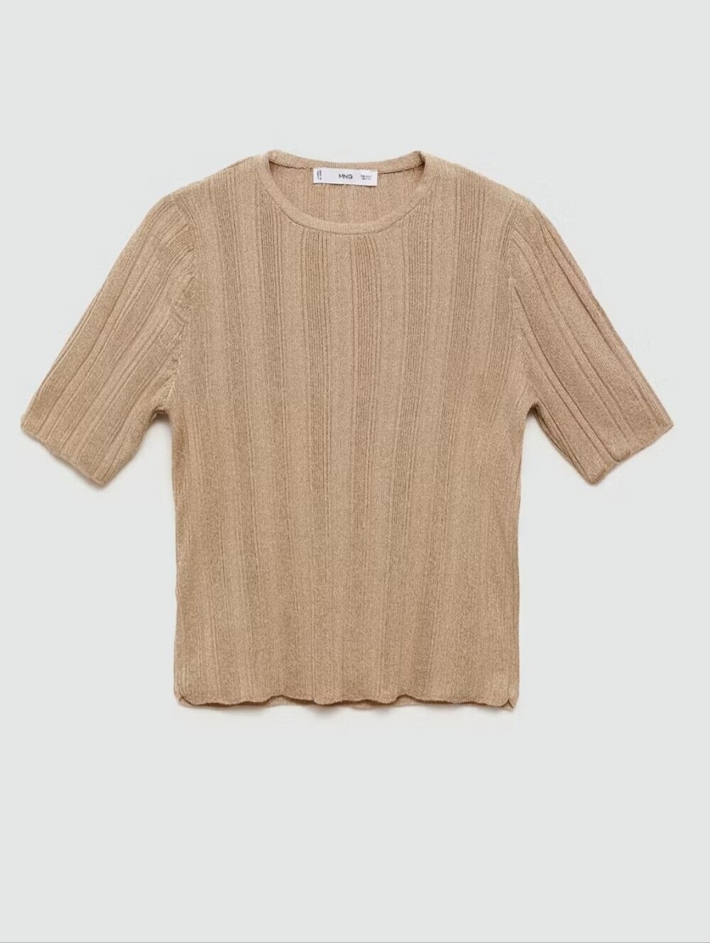 Mango Lurex Beige Short-Sleeve Ribbed Knitted Top XS - Picture 4 of 10